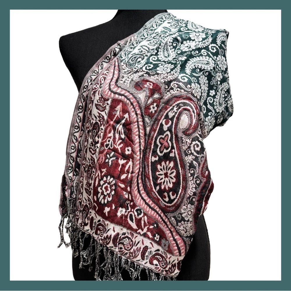 Elegant Shawl in Green & Red Paisley -Versatile Wrap, Scarf, or Veil, Soft Rayon - Picture 4 of 17